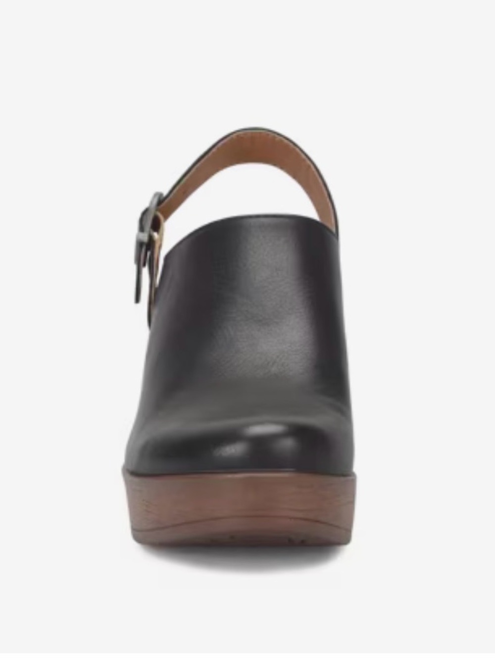 boc Black Leather Clogs with Brown Wood-Look Heel and Buckle - Picture 7 of 14